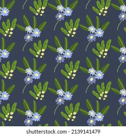 Impresión sin foco hecha de flores pequeñas. Motivos de verano y primavera. fondo azul oscuro