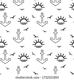 Seamless print in a marine style with anchors, waves,suns, seagulls. Vector hand-drawing in cartoon style on a white background.