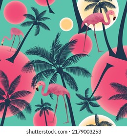 Seamless print palm trees and flamingos coloring page