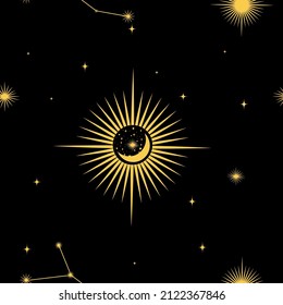 Seamless print with a pattern of the constellation of the cosmic galaxy use for textiles, yoga mat with zodiac star, phone case