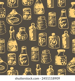 Seamless print pattern with jars and bottles with different food kitchen wallpaper background for textile, paper 