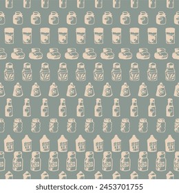 Seamless print pattern with jars and bottles with different food kitchen wallpaper background for textile, paper 