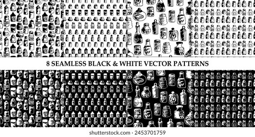 Seamless print pattern with jars and bottles with different food kitchen wallpaper background for textile, paper 