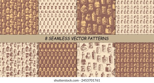 Seamless print pattern with jars and bottles with different food kitchen wallpaper background for textile, paper 