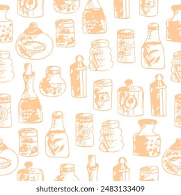 Seamless print pattern with jars and bottles with different food kitchen wallpaper background for textile, paper	
