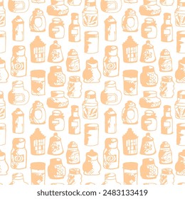 Seamless print pattern with jars and bottles with different food kitchen wallpaper background for textile, paper	
