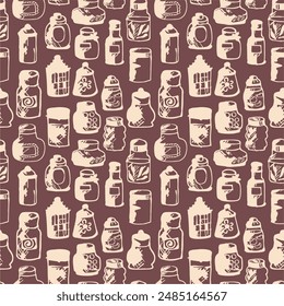 Seamless print pattern with jars and bottles with different food kitchen wallpaper background for textile, paper	
