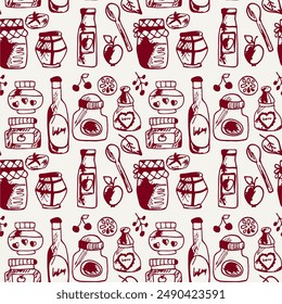 Seamless print pattern with jars and bottles with different food kitchen wallpaper background for textile, paper	
