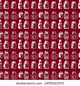 Seamless print pattern with jars and bottles with different food kitchen wallpaper background for textile, paper	
