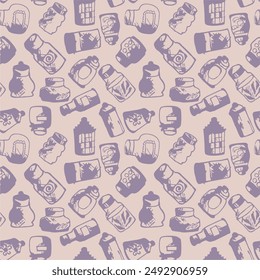 Seamless print pattern with jars and bottles with different food kitchen wallpaper background for textile, paper	
