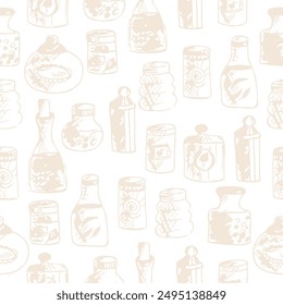 Seamless print pattern with jars and bottles with different food kitchen wallpaper background for textile, paper	
