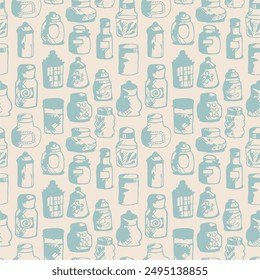 Seamless print pattern with jars and bottles with different food kitchen wallpaper background for textile, paper	
