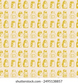 Seamless print pattern with jars and bottles with different food kitchen wallpaper background for textile, paper	
