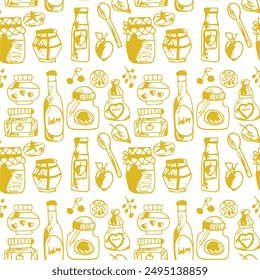 Seamless print pattern with jars and bottles with different food kitchen wallpaper background for textile, paper	
