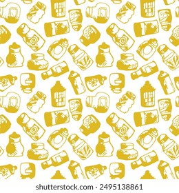 Seamless print pattern with jars and bottles with different food kitchen wallpaper background for textile, paper	
