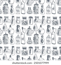 Seamless print pattern with jars and bottles with different food kitchen wallpaper background for textile, paper	
