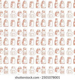 Seamless print pattern with jars and bottles with different food kitchen wallpaper background for textile, paper	
