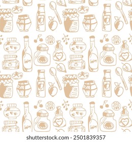 Seamless print pattern with jars and bottles with different food kitchen wallpaper background for textile, paper	
