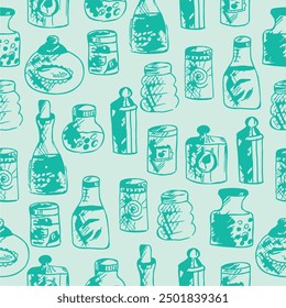 Seamless print pattern with jars and bottles with different food kitchen wallpaper background for textile, paper	
