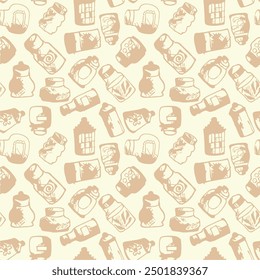 Seamless print pattern with jars and bottles with different food kitchen wallpaper background for textile, paper	
