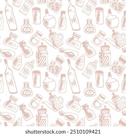 Seamless print pattern with jars and bottles with different food kitchen wallpaper background for textile, paper	