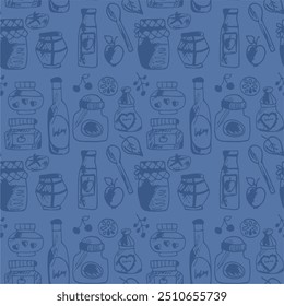 Padrão de impressão sem emenda com frascos e garrafas com fundo de papel de parede de cozinha de alimentos diferente para têxteis, papel	
