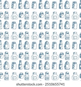 Seamless print pattern with jars and bottles with different food kitchen wallpaper background for textile, paper	
