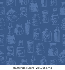 Seamless print pattern with jars and bottles with different food kitchen wallpaper background for textile, paper	
