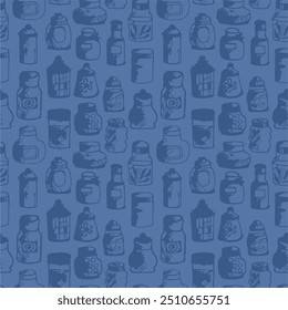 Seamless print pattern with jars and bottles with different food kitchen wallpaper background for textile, paper	
