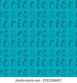Seamless print pattern with jars and bottles with different food kitchen wallpaper background for textile, paper	
