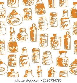 Seamless print pattern with jars and bottles with different food kitchen wallpaper background for textile, paper