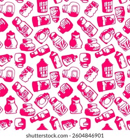 Seamless print pattern with jars and bottles with different food kitchen wallpaper background for textile, paper