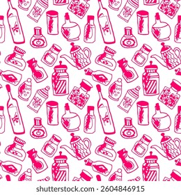 Seamless print pattern with jars and bottles with different food kitchen wallpaper background for textile, paper
