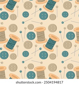 Seamless print pattern wallpaper background with buttons, needles and pins and spools of thead vector illustration 