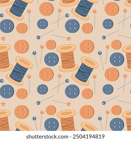 Seamless print pattern wallpaper background with buttons, needles and pins and spools of thead vector illustration 