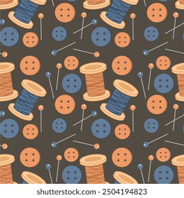 Seamless print pattern wallpaper background with buttons, needles and pins and spools of thead vector illustration 