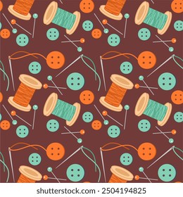 Seamless print pattern wallpaper background with buttons, needles and pins and spools of thead vector illustration 