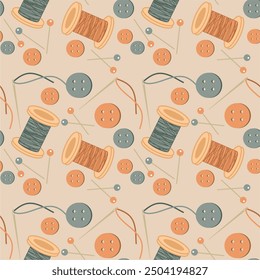 Seamless print pattern wallpaper background with buttons, needles and pins and spools of thead vector illustration 