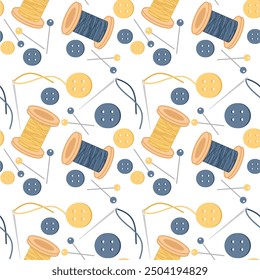 Seamless print pattern wallpaper background with buttons, needles and pins and spools of thead vector illustration 