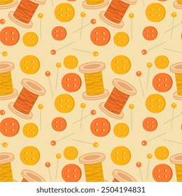 Seamless print pattern wallpaper background with buttons, needles and pins and spools of thead vector illustration 