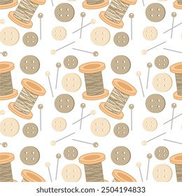 Seamless print pattern wallpaper background with buttons, needles and pins and spools of thead vector illustration 