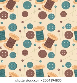 Seamless print pattern wallpaper background with buttons, needles and pins and spools of thead vector illustration 