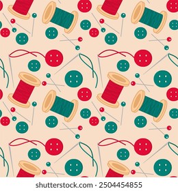 Seamless print pattern wallpaper background with buttons, needles and pins and spools of thead vector illustration 