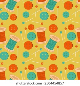 Seamless print pattern wallpaper background with buttons, needles and pins and spools of thead vector illustration 