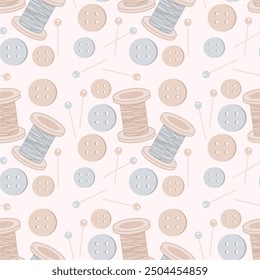 Seamless print pattern wallpaper background with buttons, needles and pins and spools of thead vector illustration 