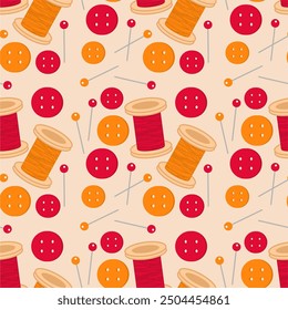 Seamless print pattern wallpaper background with buttons, needles and pins and spools of thead vector illustration 