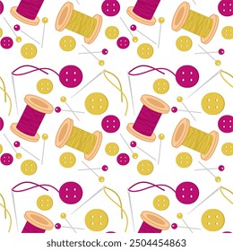 Seamless print pattern wallpaper background with buttons, needles and pins and spools of thead vector illustration 