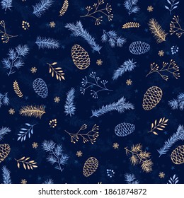 Seamless print with pine cones and twigs on a blue background with stars. Christmas design for printing on fabric, textiles, wrapping paper and holiday design elements.