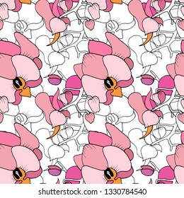 Seamless print of pink orchids. Vector graphics.
