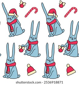 Impressão perfeita, coelho em vermelho cachecol e chapéu, humor de Ano Novo, vetor, mão desenhada